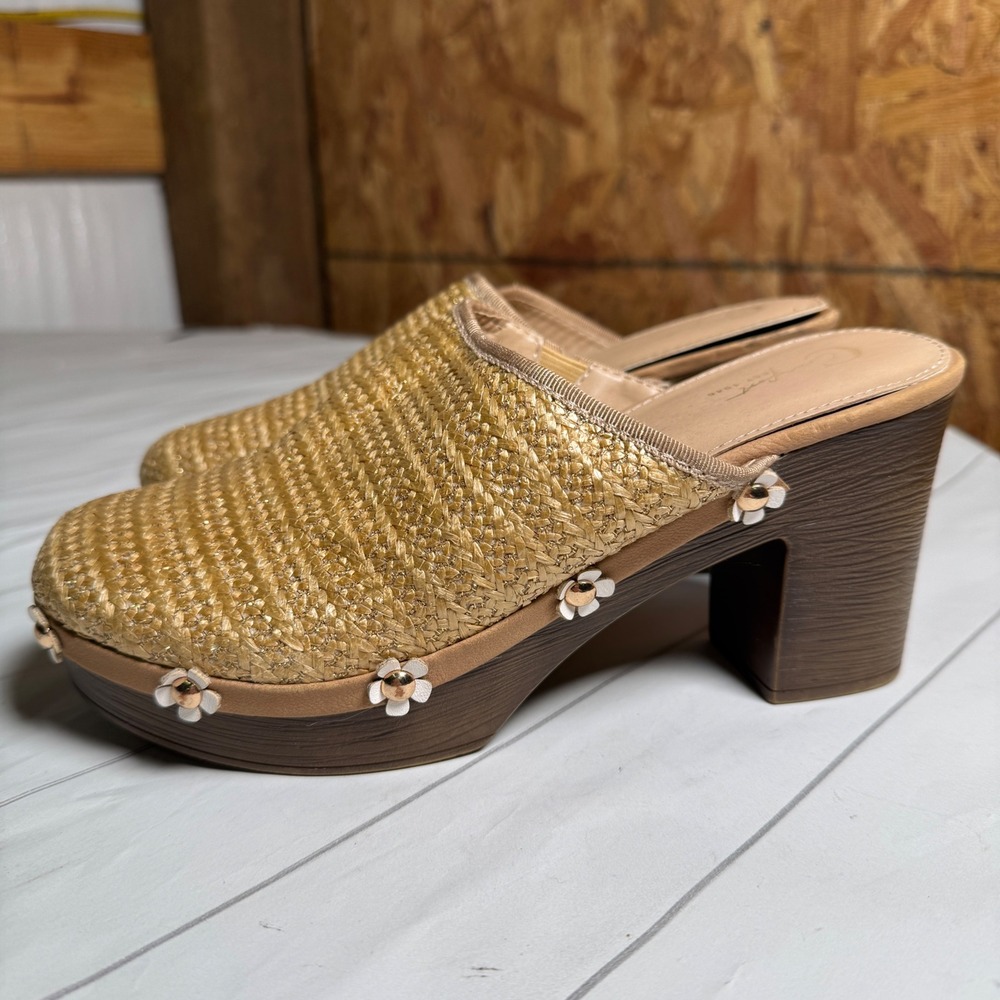 Floral Studded Mule Clogs Heeled Sandals Boho Bohemian Hippie 70s Retro Look 7M